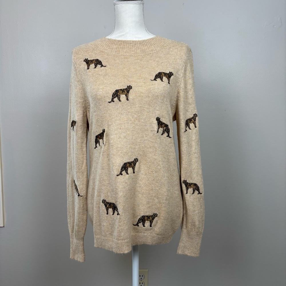 Chico's Sweater Sz Med Tan Embroidered Cheetah Long Sleeve Wool Cashmere Blended